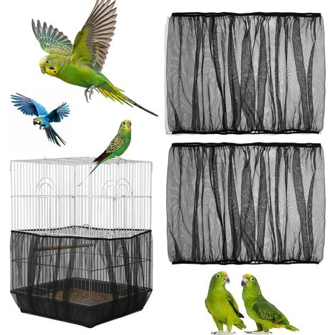 Lot de 2 housses de cage à oiseaux, réglables, bac de récupération des graines pour oiseaux ronds et grands, filet en nylon noir pour perroquets, perruches, calopsittes et plus encore (1/5)