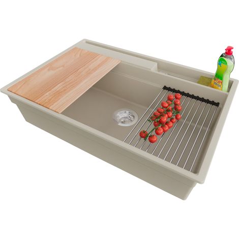 PRIMAGRAN Evier Cuisine en Granit 78x53cm,Lavabo 1 bac + Kit de Vidage + Accessoires, Évier à Encastrer au meuble 80cm - Oslo Pocket, Beige (1/5)