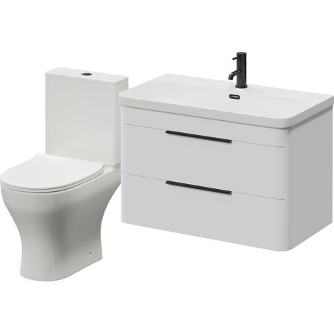 Oslo Gloss White 1350mm Wall Mounted Vanity and Jubilee Toilet Suite with Fina Basin - 1350mm - Matt Black 300mm Finger Pull