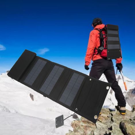Kit de chargeur solaire pliable 25 W 5 V comprenant 8 panneaux solaires pliables, un câble de chargement USB 1 à 3 et une boucle de fixation pour une utilisation en extérieur. (1/5)