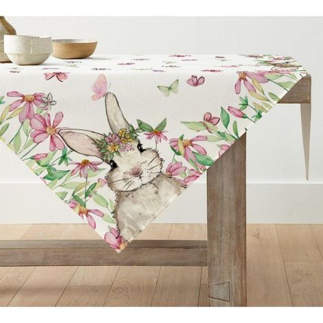 Nappe 85x85 cm Carrée Rose Fleurs Lapin Pâques Printemps Cuisine Déco Table Polyester