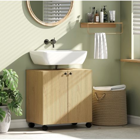 Meuble sous vasque de salle de bain en bois naturel, 3 niveaux, sur roulettes, 60 cm (1/5)