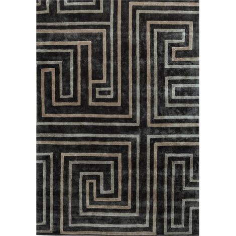 Tapis salon et chambre en soie 190x260 noir fait main motif géométrique PYRAMIDE