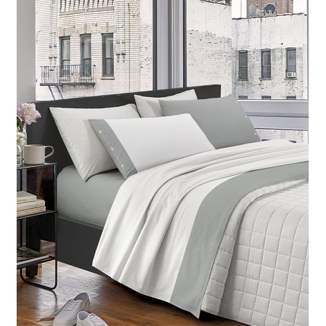 Completo Letto Lenzuola Matrimoniale Elegante,100% Cotone, Set Letto Due Piazze,Tinta Unita Lenzuolo Sopra, Sotto e Federe Con Bordo Applicato Soft Touch Misure Maxi Grigio - Matrimoniale