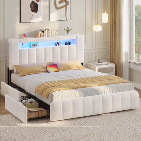 Lit 140x190 à LED avec Multiprise et 4 Grands Tiroirs, Cadre de Lit avec Sommier à Latte et Tête de Lit Capitonnée Sommier avec Rangement, Moderne sans Matelas (Velours Beige, 140x190cm) (1/5)