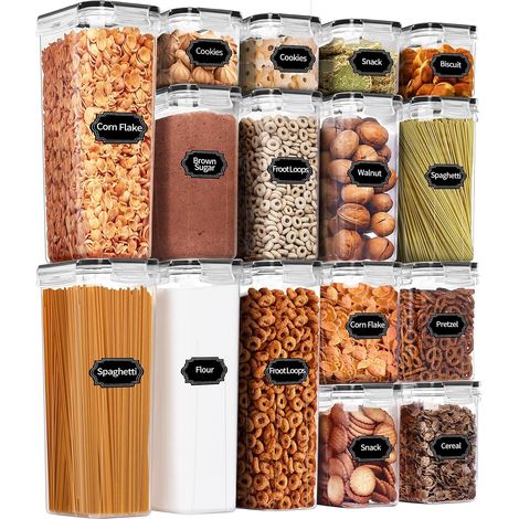 Set mit 16 luftdichten Vorratsdosen, ideal zum Organisieren und Aufbewahren von Lebensmitteln in Ihrer Speisekammer, geeignet für Müsli. (1/5)