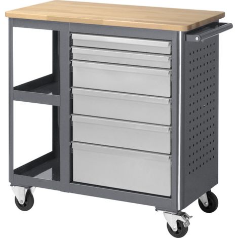 STIER Etabli mobile avec 6 tiroirs et 2 tablettes, lxPxH 960x450x950 mm, acier et hêtre, charge max. 450 kg, servante d'atelier, chariot à outils (1/5)