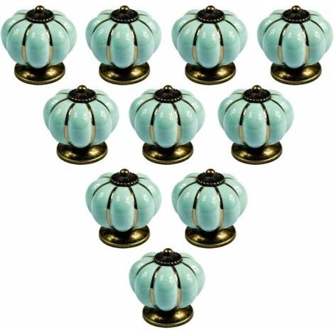 Lot de 10 boutons de meuble en céramique de style européen vintage et en forme de citrouille pour commode, armoires et tiroirs, Light Blue (1/4)