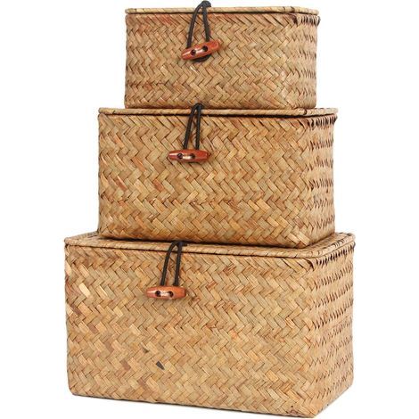 Set of 3 Small Hand-woven Seagrass Boxes with Lid for Office and Makeup Multi-Function Box (Natural, (Small) S/M/L) (1/5)