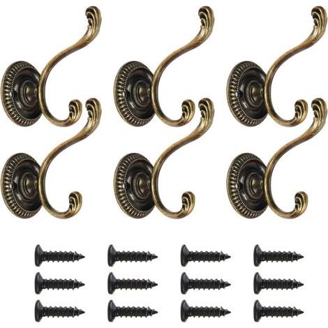 Lot de 6 patères doubles vintage, crochets muraux robustes, crochets pour vêtements, crochets de chambre principale, crochets de porte décoratifs avec vis pour cuisine de salle de bain, bronze (1/5)