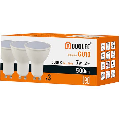 Pack 3 bombillas Led dicroica DUOLEC GU10 luz cálida 7W (1/2)