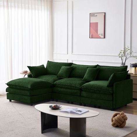 Sofá esquinero modular de 3 plazas (267x154x85 cm), con chaise longue y puf móvil, tejido chenilla, verde (1/5)