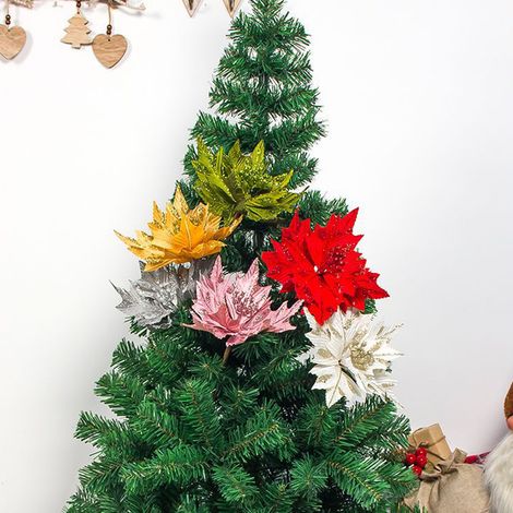 6pcs Feuilles Artificielles Déco Sapin Noël en Tissu Métal 27x20cm pour Déco Maison Fête Vert (1/5)