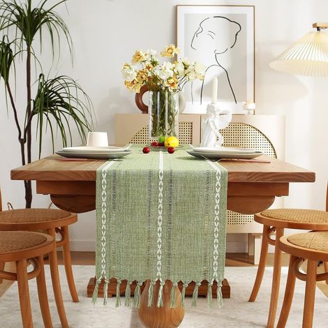Chemin de Table Bohème Coton et Lin 33×120 cm Vert