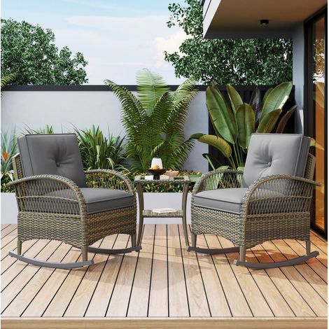 Set di mobili da balcone in rattan grigio, 2 sedie a dondolo con cuscini e tavolino in vetro temperato (1/5)