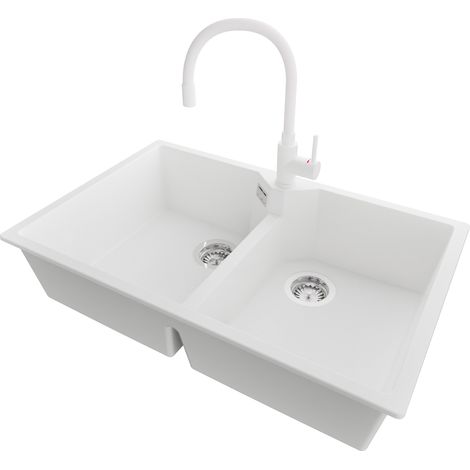 PRIMAGRAN Evier Cuisine en Granit 78x50cm,Lavabo 2 bacs + Robinet 38x14cm + Kit de Vidage, Évier à Encastrer au meuble 80cm - Madrid Twin, Blanc (1/5)