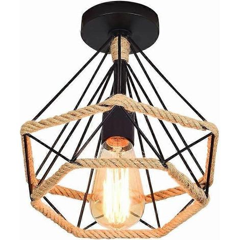 Plafonnier industriel style cage à diamants 25 cm, lustre vintage en métal avec corde de chanvre, éclairage en fer forgé, idéal pour chambre, salon, cuisine, culot E27 noir (1/4)