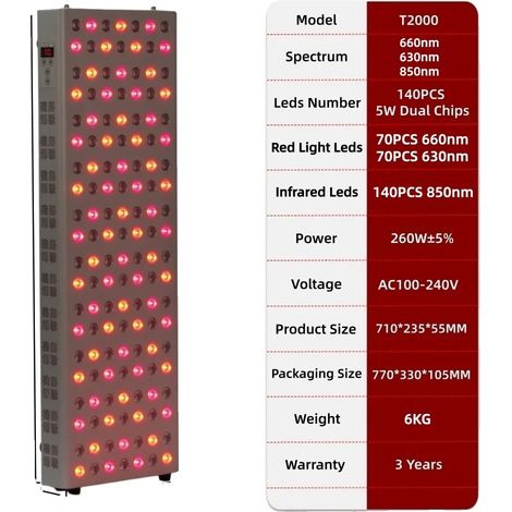 Panel de terapia de luz roja LED, tecnología de doble chip, terapia de infrarrojo cercano de 660 nm, tratamiento versátil para la piel, T2000PRO (1/2)
