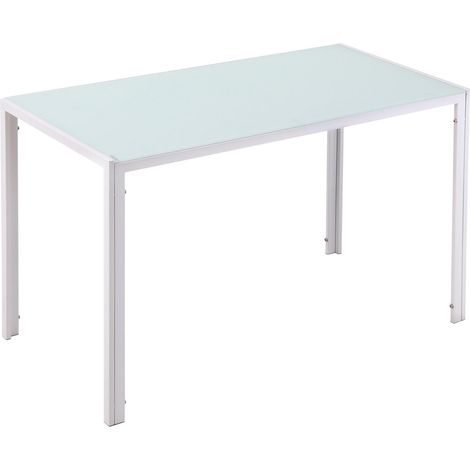 Table rectangulaire pour 4 personnes, idéale pour la cuisine et les salon. Table moderne en métal et verre trempé, 120 x 60 x 75 cm, blanche.