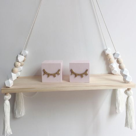 Étagère Murale Etagères Flottantes en Bois de Pin, Tablette Décoration avec Perles en Bois et Gland, Décoration pour Chambres, Salons, Bureau, Placards - Blanc (1/2)