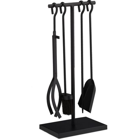 Relaxdays Servitore Nero 5 Pezzi Accessori da Camino, Moderni, 5 Parti con Attizzatoio, Paletta Pinza, Scopino e Supporto Porta Attrezzi, Acciaio, 1 pz (1/5)