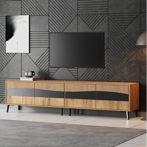 Mueble TV 180x40x50 cm natural y negro en tablero de partículas con 4 puertas y diseño simétrico (1/5)