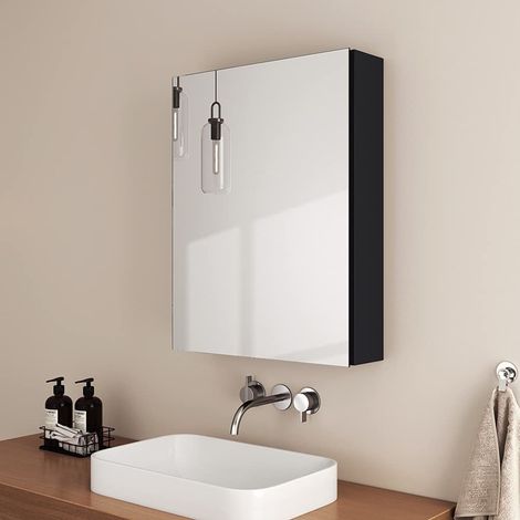 EMKE Bathroom Mirror Cabinet Wall Storage Hanging Cabinet, Wall-Mounted Storage Cupboard with Aluminum Alloy Single Door, Black (1/5)