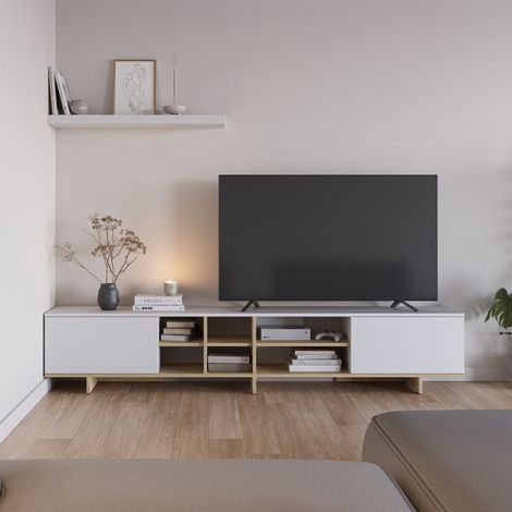 Meuble TV CEQUOIA Coloris chene & blanc 2 portes abattantes et 6 niches 230 x 35,6 x 44 cm (1/5)
