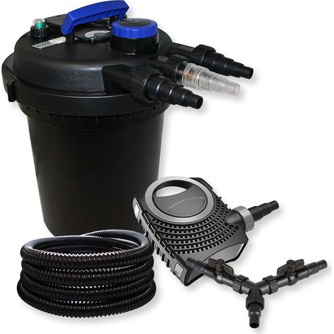 SunSun Komplettset: CPF-250 Teichdruckfilter bis 10000 L Teich mit 11W Teichklärer, CTF-8000 SuperECO Teichpumpe 8000l/h 70W, 25m Teichschlauch 25 mm (1"), Y-Verteiler