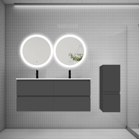 Ensemble meuble double vasque L.120cm 4 tiroirs + lavabo + 2 LED miroirs rond 60cm + colonne,anthracite AICA (1/5)