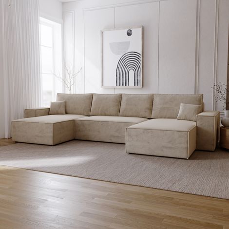 Emporius Canapé d'angle Bergamo U, 377 cm, 6 places - canapé convertible, tissu velours beige (1/5)