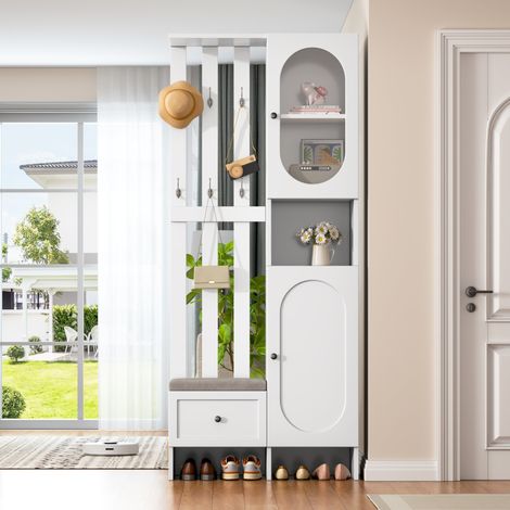 Armadio d'ingresso 85 x 33,5 x 200 cm con 2 armadi, panca porta scarpe, bianco (1/5)