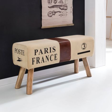 Banc vintage 91x30x51 cm en toile et cuir (1/5)