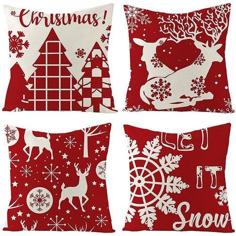 federe per cuscini decorativi natalizi a forma di fiocco di neve rosso, 45x45 cm, in cotone e lino, per divano. (1/5)