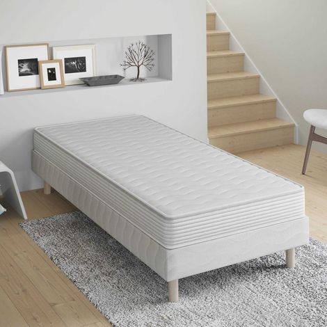 Mobilier Deco – Ensemble sommier tapissier et matelas 90x190 cm – Épaisseur 15 cm – Soutien ferme – Tissu coton/polyester traité anti-acariens