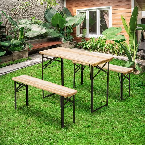 Table de pique-nique de camping portable et pliable + 2 bancs pliables, métal recouvert d'époxy noir et bois de sapin massif (1/5)