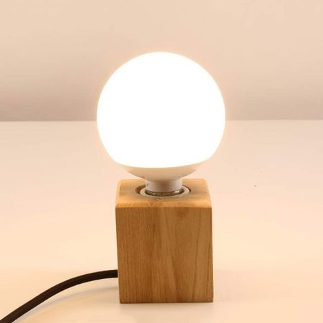 Lampe de table cube en bois,douille E27, cable de 1,8 m avec interrupteur,max 60W,lampe décorative pour rétro industriel Edison, utilisée dans la chambre à coucher,le salon,le studio,le café,le bar (1/5)