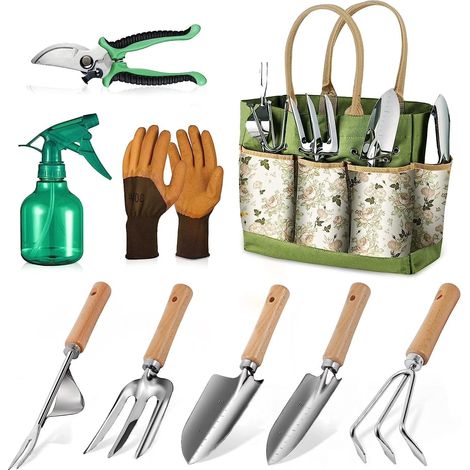 OBOSOE Set di 9 attrezzi da giardino in acciaio inossidabile, comprendente borsa portaoggetti, annaffiatoio, guanti e utensili manuali da giardino.