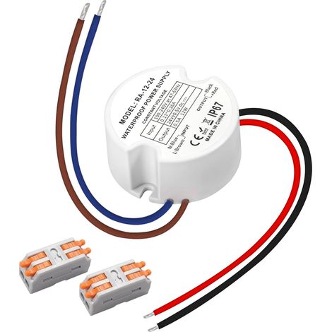 Transformateur LED 24V 12W 0.5A, IP67 Étanche Alimentation Rond Ø48mm, Transfo avec 2 Connecteurs pour Ruban LED, Spots, Éclairage Extérieu (1/5)