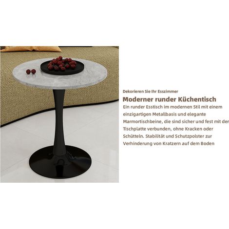 Table noire de 27.6-inch, style moderne du milieu du siècle, table à manger pour 2 à 4 personnes, avec plateau rond en marbre à finition veinée gris clair, idéale pour différents espaces. (1/5)