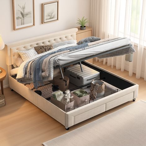 Polsterbett 180x200 cm, Doppelbett mit hydraulisch und Stauraum, Modernes Jugendbett, Bettgestell mit genietetem Kopfteil und Lattenrost, Velour Beige, Ohne Matratze (1/5)