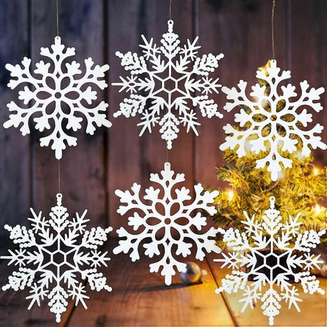 Lot de 6 grands flocons de neige blancs décoratifs en plastique pailleté pour l'hiver, à décorer à l'intérieur comme à l'extérieur : sapin de Noël, fenêtre, chambre. (1/5)