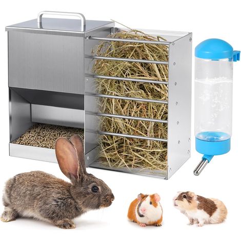 Mangeoire à Lapin 2-en-1 pour Cage, Mangeoire à Foin avec Bouteille d’Eau (1/5)