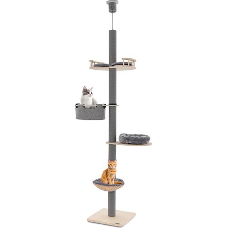 Albero per gatti da pavimento a soffitto con altezza regolabile da 236 a 271 cm, Torre per gatti in legno Grigio (1/4)