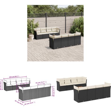 9-tlg. Garten-Sofagarnitur mit Kissen Schwarz Poly Rattan - Gartensortiment - Outdoor Möbel - Gartenlounge - Lounge Set - Esstischset - Home & Living (1/3)