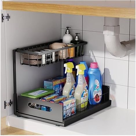 Rangement sous l'Évier, Organisateur d'Armoire Coulissante à 2 Niveaux, Multi-Usage pour le Rangement et l'Organisation sous l'Évier de la Cuisine et de la Salle de Bain (Noir) (1/5)