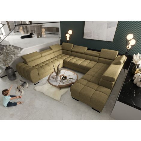 Wohnlandschaft Schlafsofa BASTIEN XL in Stoff Aragon Olivgrün Ottomane Rechts