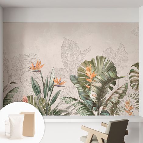 Papier peint intissé mural pour salon chambre à coucher tendance et originale - Colle incluse gratuite Fleurs tropicales 152x104 cm (1/5)