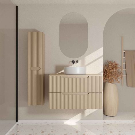 Mobile Bagno 80 e Colonna LEON Marrone Glacé - Frontali Ondulati - Lavabo Rotondo 36 cm