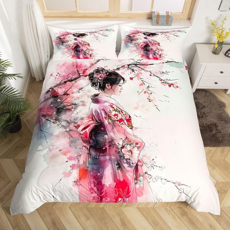 Japon Geisha Housse de Couette 220x240cm Garçons Filles Fleurs de cerisiers Parure de Lit Tradition Japonaise Douce Respirante Literie Set 3 pièces Décor de Chambre (1/5)